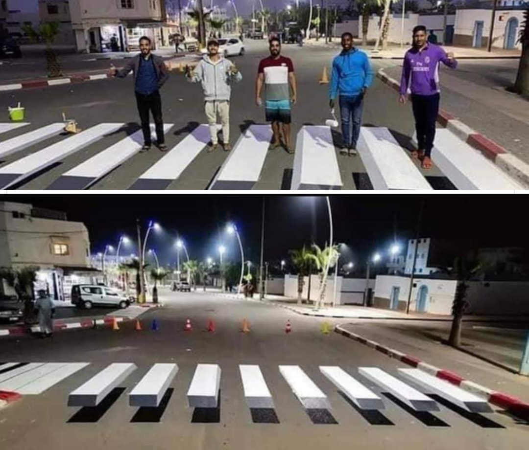 شباب متطوعون بمدينة طانطان يحولون ⁦‪ممرات‬⁩ الراجلين إلى أشكال ⁦‪ثلاثية‬⁩ ⁦‪الأبعاد